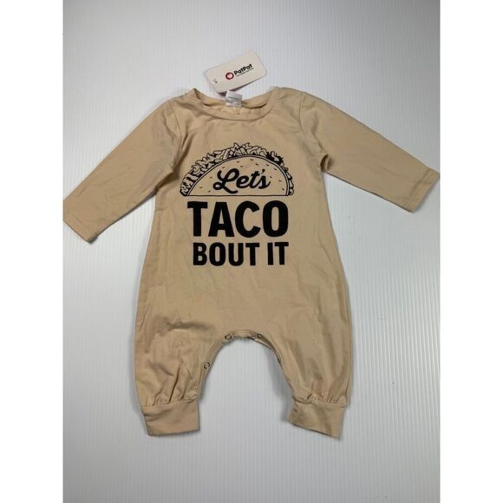 PatPat 'Let's Taco Bout It' Funny Food‎ Graphic Baby Romper Jumpsuit Beige 0-3M